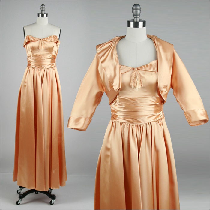 Vintage 1930s 1940s Dress . Peach Gold Satin . Tassel . Strapless . Shirred Waist . Bolero Jacket . S . 1760