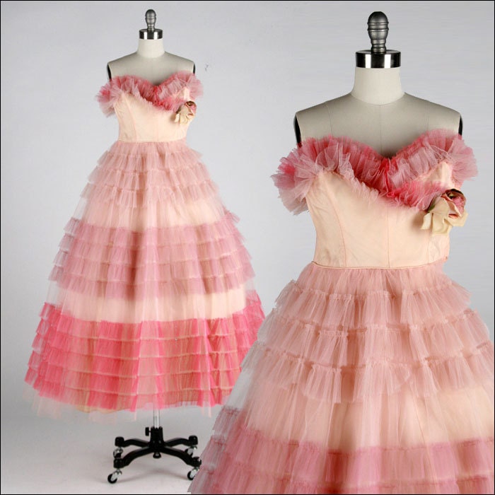 R e s e r v e d /// Vintage 1950s Dress . Ombre Pink Tulle . Full Skirt . Rosette . Shrug . Strapless . Rhinestones . XS/S . 1641