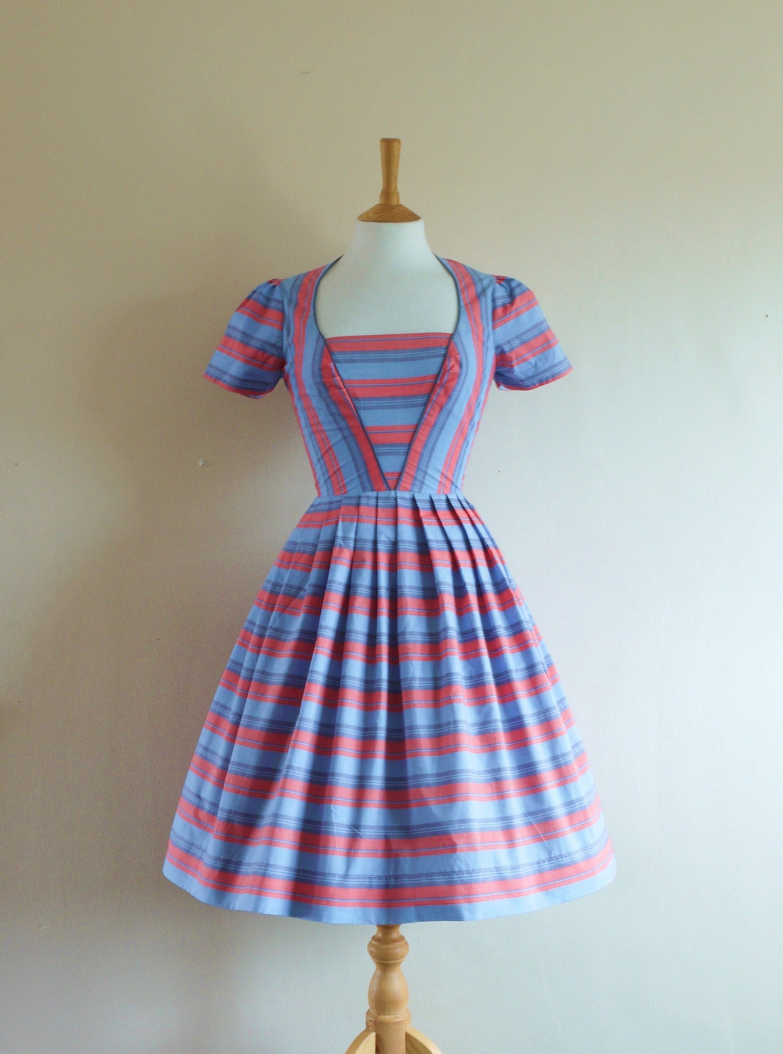 Sky Blue and Coral Pink Striped Promenade Dress - made by Dig For Victory