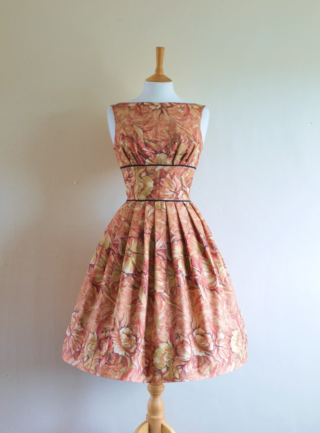 1950s Style Chestnut Brown Rose Print Cotton Prom Dress- Made by Dig For Victory