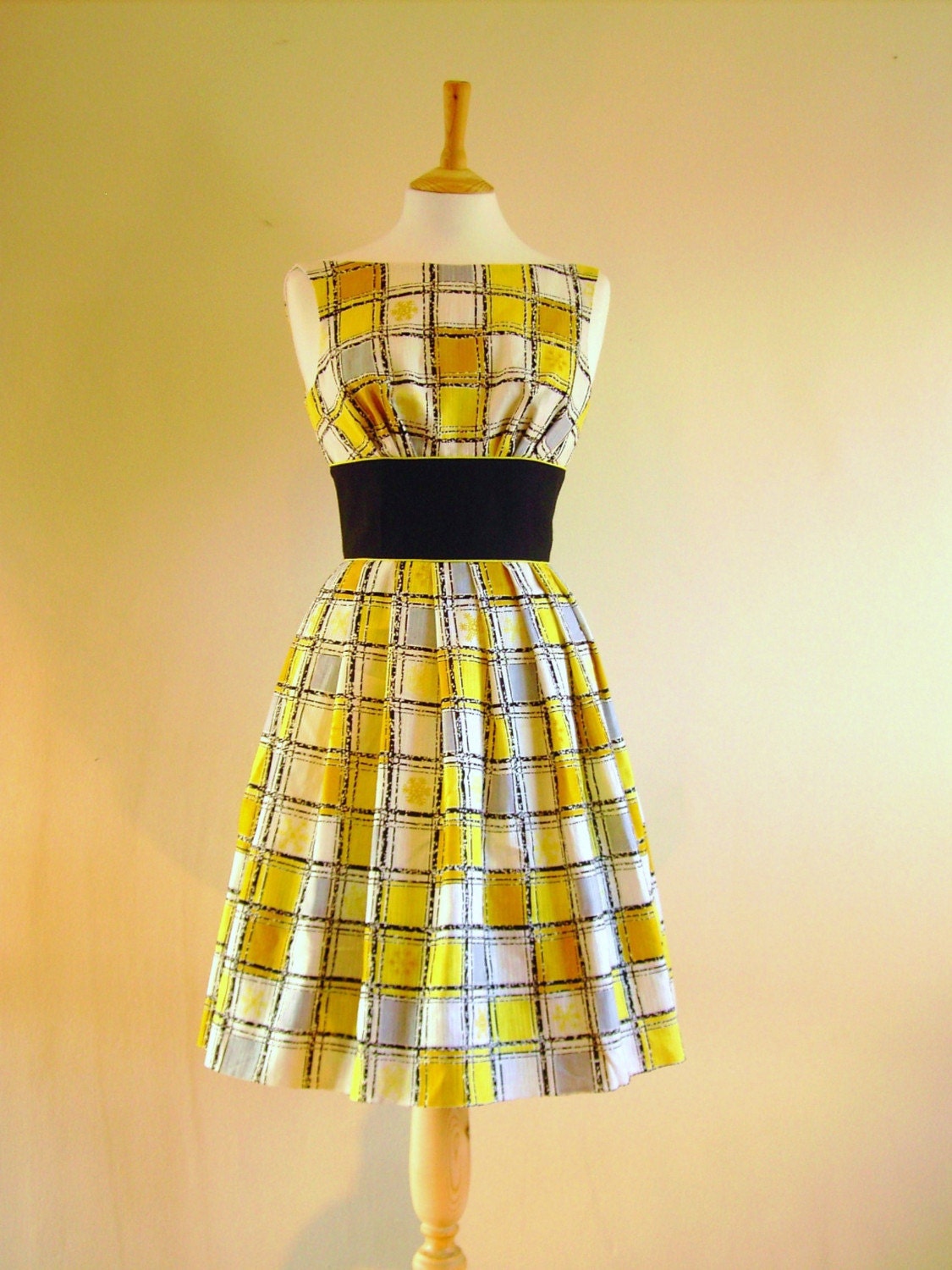 Size UK 12 (US 8-10) - Lemon Yellow Checked Prom Dress - Made by Dig For Victory