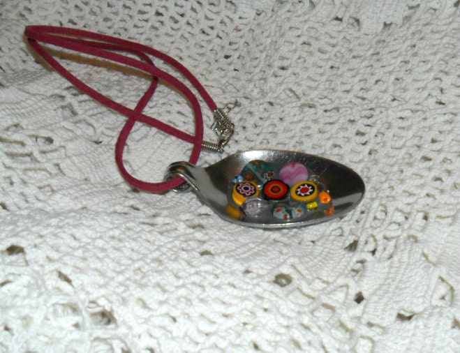 SALE upcycled repurposed teaspoon and bead pendant and velvet cord