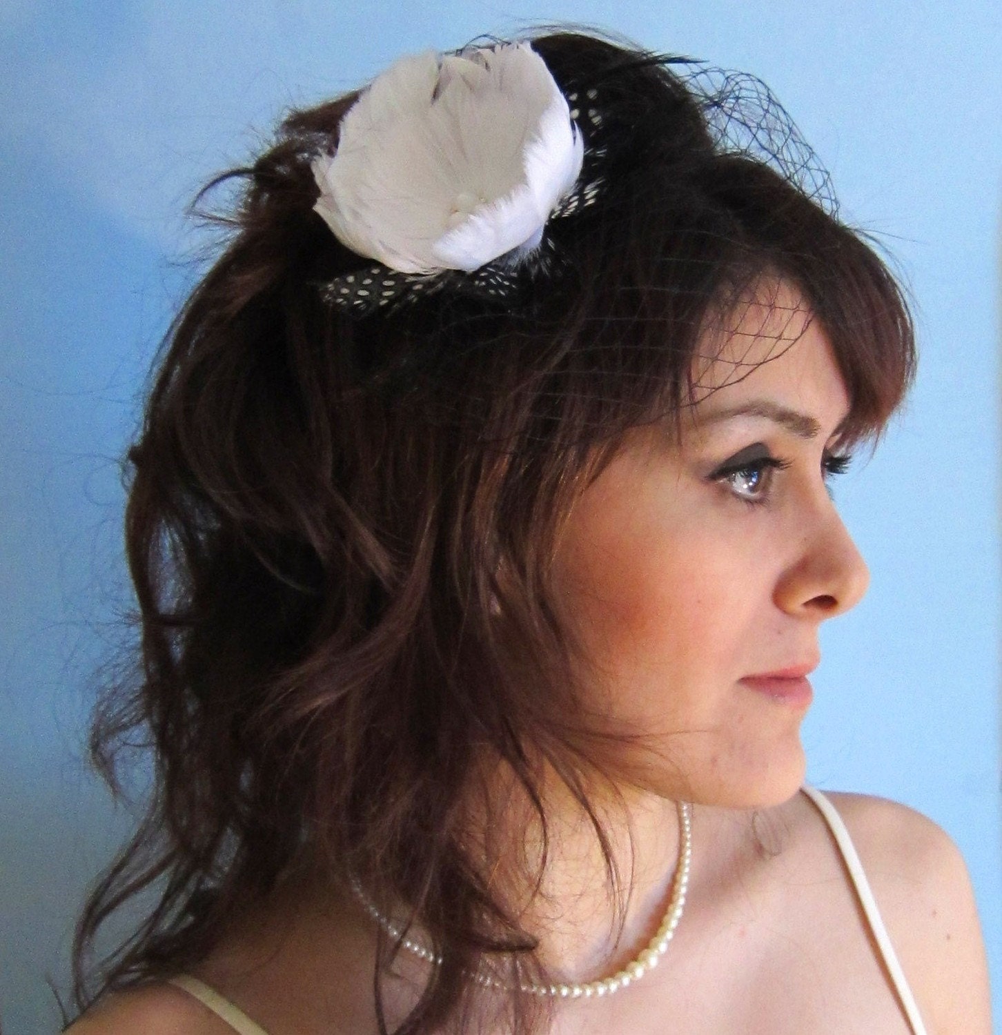 2 ITEMS-Classic tulip feather facinator with black French netting birdcage veil