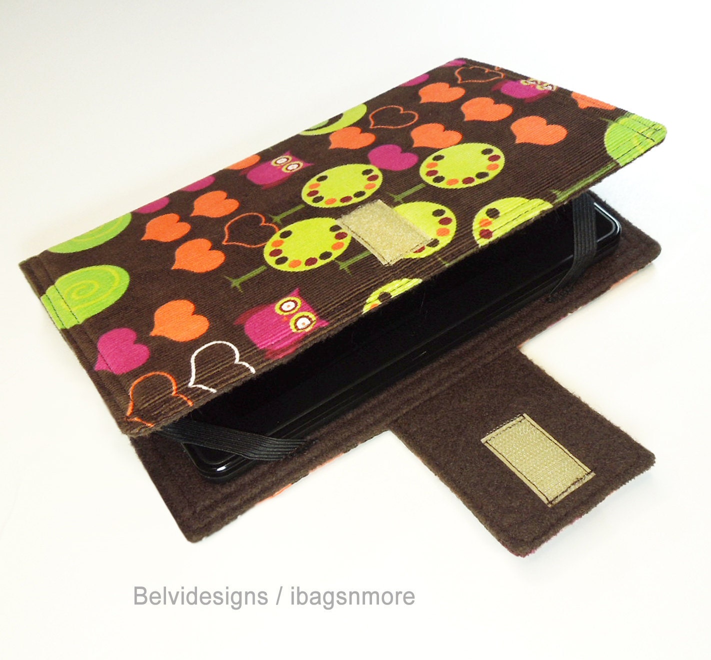 Nexus 7 or Kindle Fire (original) case / cover - Book style - Brown corduroy pink orange hearts owls green trees