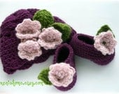 Wild Rose Beanie / Hat  and Bootie Set in Purple and Pink 0-3 months / Newborn