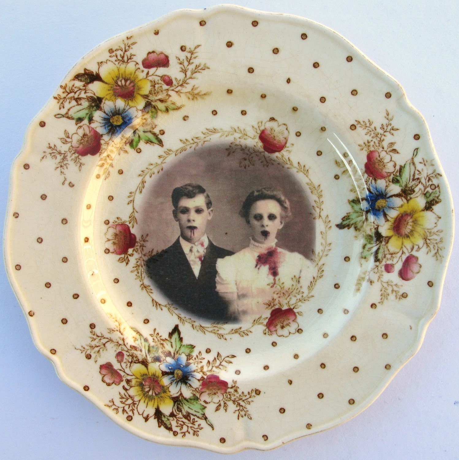 SALE - Zombie Love, Wedding Portrait - Altered Vintage Plate