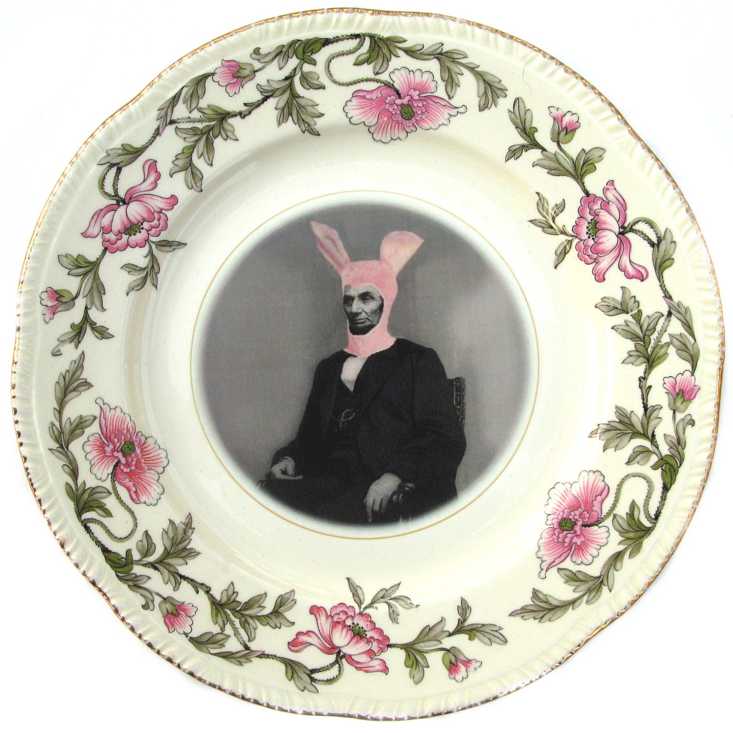 SALE - Pink Bunny Suit - Altered Vintage Plate