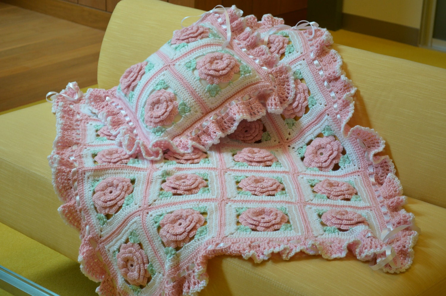 Pink Roses Floral Afghan Baby Blanket with Pillow by sherryann325