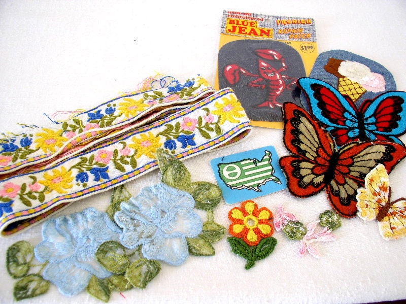 SALE Vintage Retro Hippie 1970 Era Embroidered Jean Trim Butterfly Flower Ice Cream Cone Patches LOT
