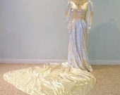 1940s Wedding Dress, 40s Ivory Slipper Satin Full Length Wedding Gown, Soutache Embroidery, Beaded Headpiece, 114 Inch Long Train, Goddess