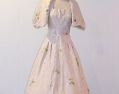 50s Silk Dress, 1950s Champagne Taupe Dupioni Silk Floral Cocktail Garden Wedding Party Dress, Sequin Shoulder Wrap, Full Skirt, Gerrick