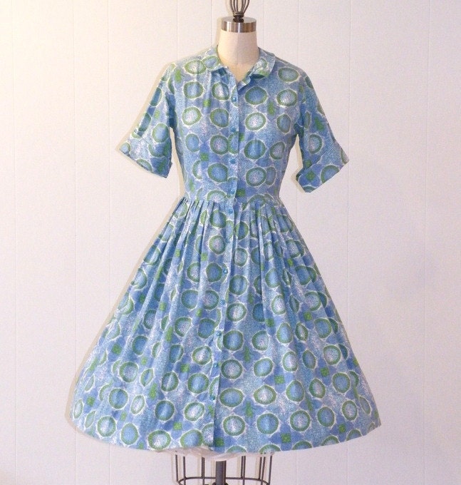 1950s Shirtwaist Dress, 50s Novelty Print Dress, Blue & Green Cotton Full Skirted Day Dress, Floral Maidens and Medallions, XS-Small