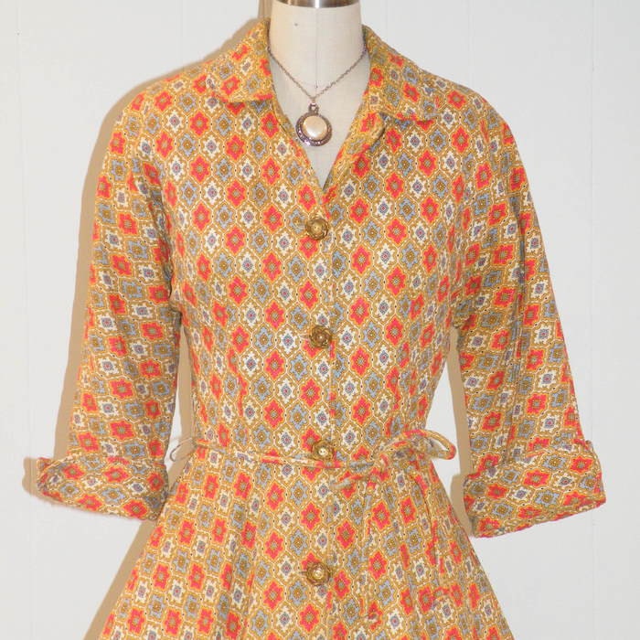 Reserved for Jenny 1950s Dress, 50s Full Skirted Dress, Quilted Medallion Print Shirtwaist Day Dress, Vintage Rockabilly, Hey Lucy