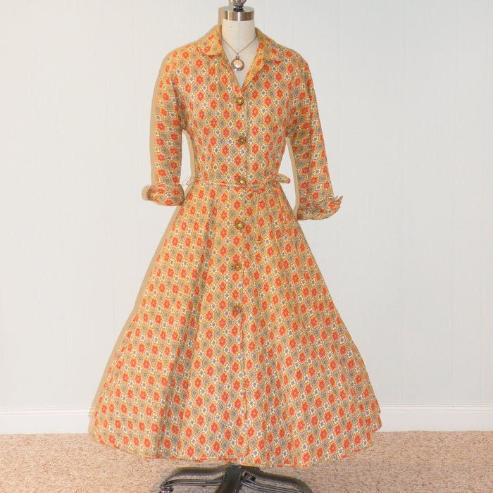 Reserved for Jenny 1950s Dress, 50s Full Skirted Dress, Quilted Medallion Print Shirtwaist Day Dress, Vintage Rockabilly, Hey Lucy