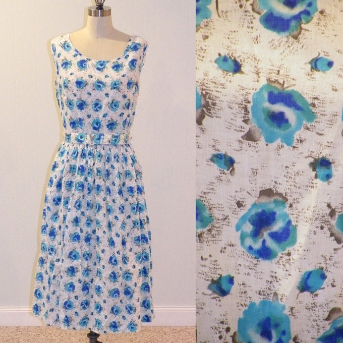 1950s Dress 60s Dress, Blue Floral Roses Print Cotton Garden Party Sun Dress, Belted Waist, Gathered Skirt, NOS Condition, Very Mad Men