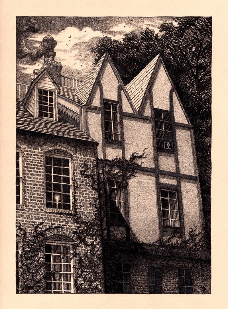 Dark Lovecraft Cthulhu Macabre Halloween Sad Ink Drawing Art Print - Windowpane - 8 x 10