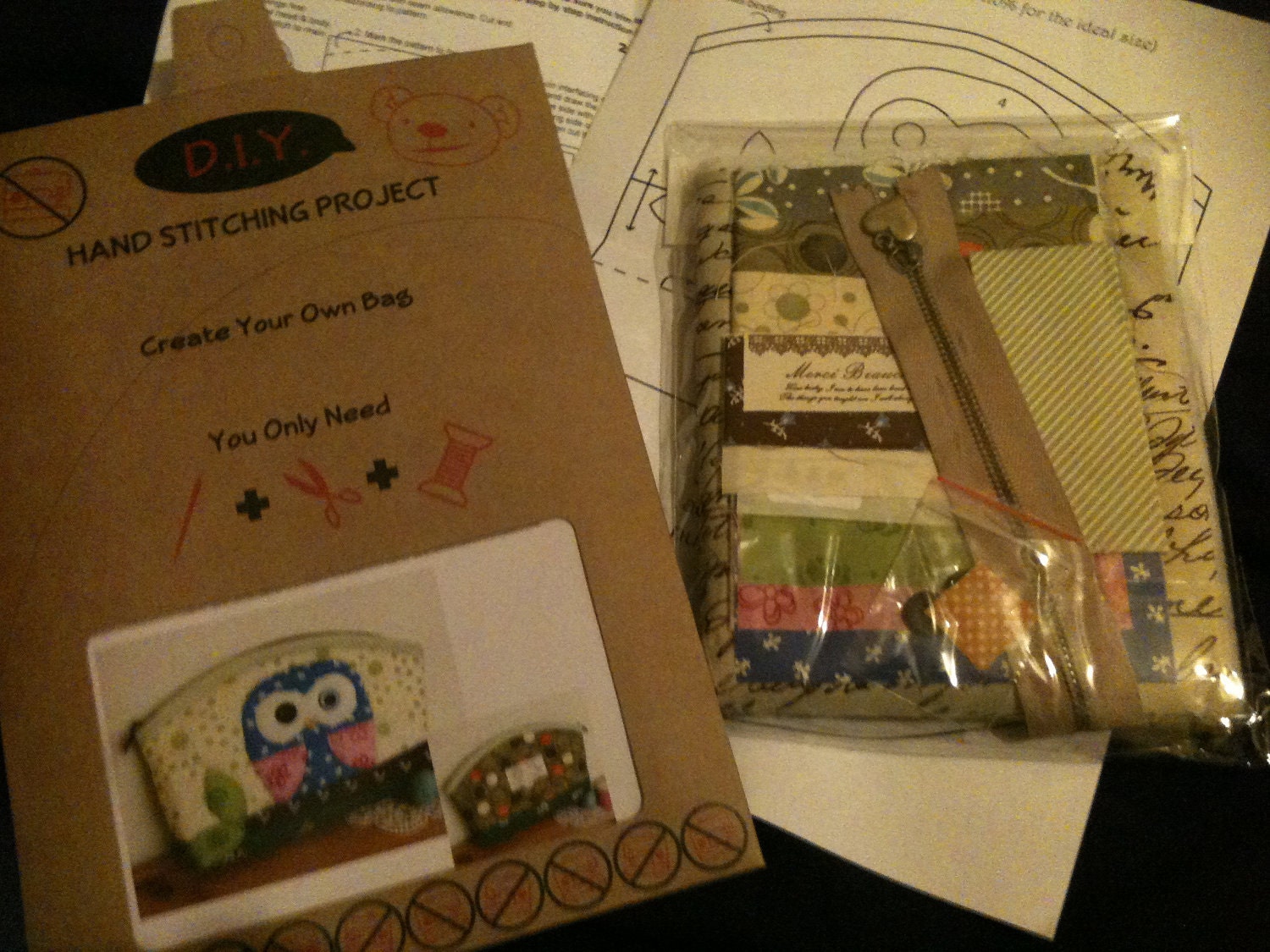 DIY Owl Pencil Case/Make-up Bag Kit. Includes ALL Materials and Pattern.
