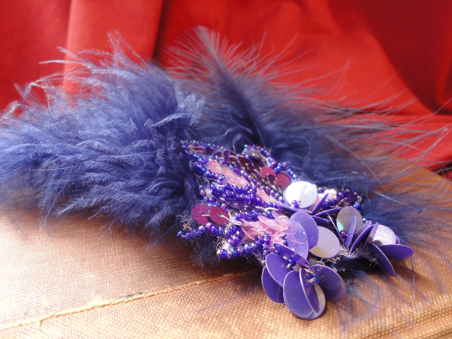 Purple Sequin Fascinator, showgirl glamour hair accessory.