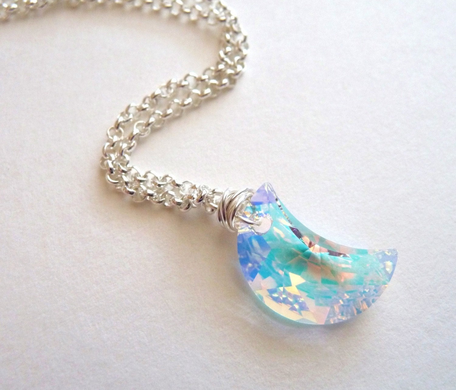 Moon Necklace, Swarovski Crystal Aurora Borealis Half Moon, Wire Wrapped Pendant, Handmade, White, Lunar, Space, JBMDesigns