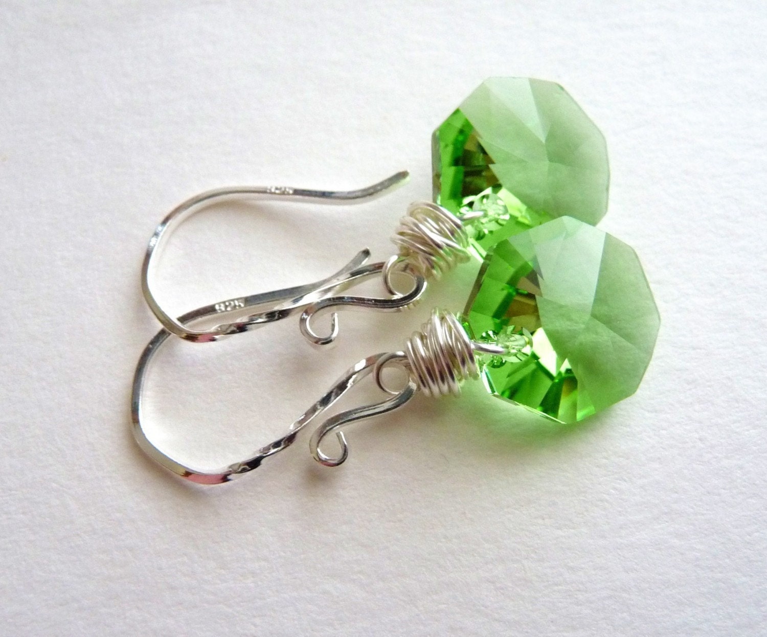Spring Green Earrings, Peridot Earrings, Light Green Swarovski Crystal Octagon Briolettes, Sterling Silver, Summer Fashion