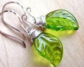 Spring Green Leaf Earrings, Peridot Wavy Green Wire Wrapped Glass, Sterling Silver, Spring Fashion