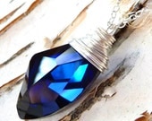 Blue Swarovski Crystal Necklace, Bermuda Ocean Blue, Wire Wrapped Pendant, Handmade, Sterling Silver Necklace, Bridesmaid Gifts