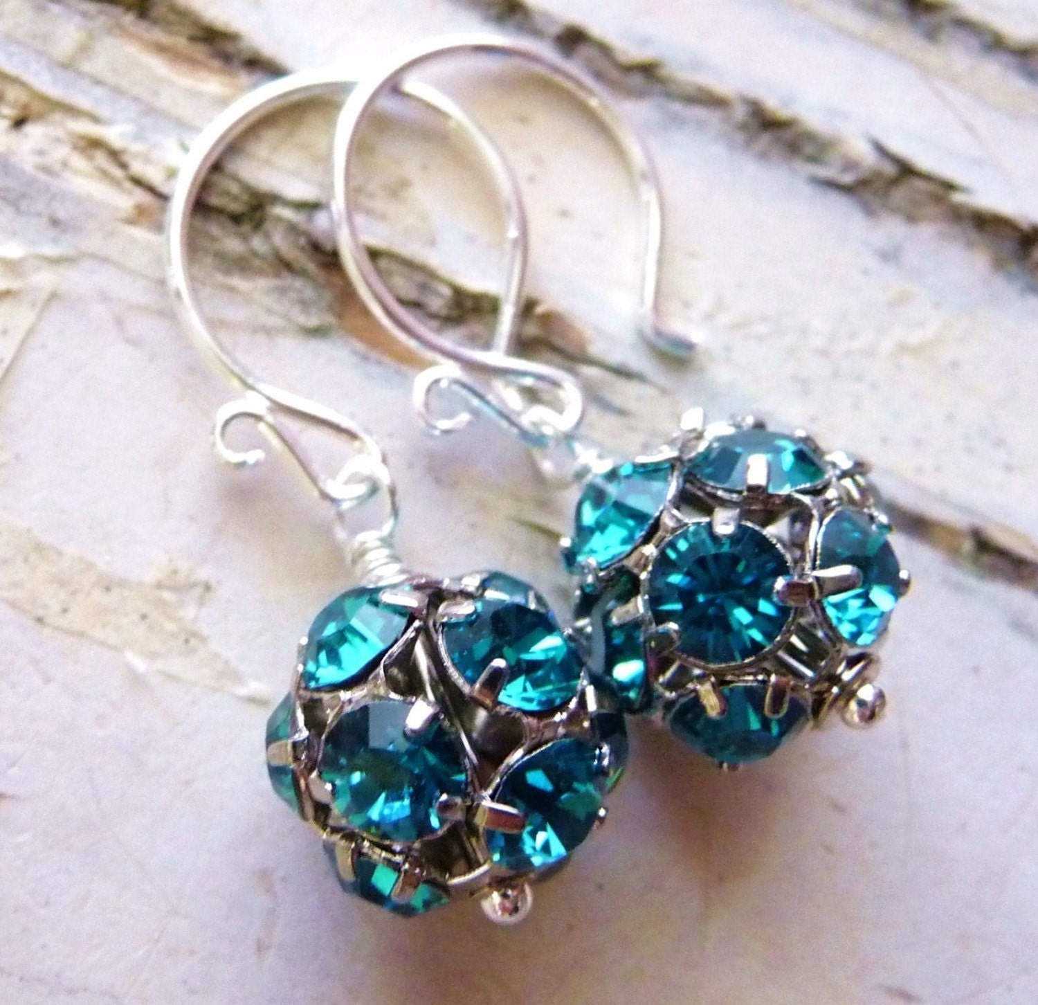 Teal Rhinestone Earrings, Handmade Aqua Blue Swarovski Crystal Rounds, Sterling Silver, Fashion