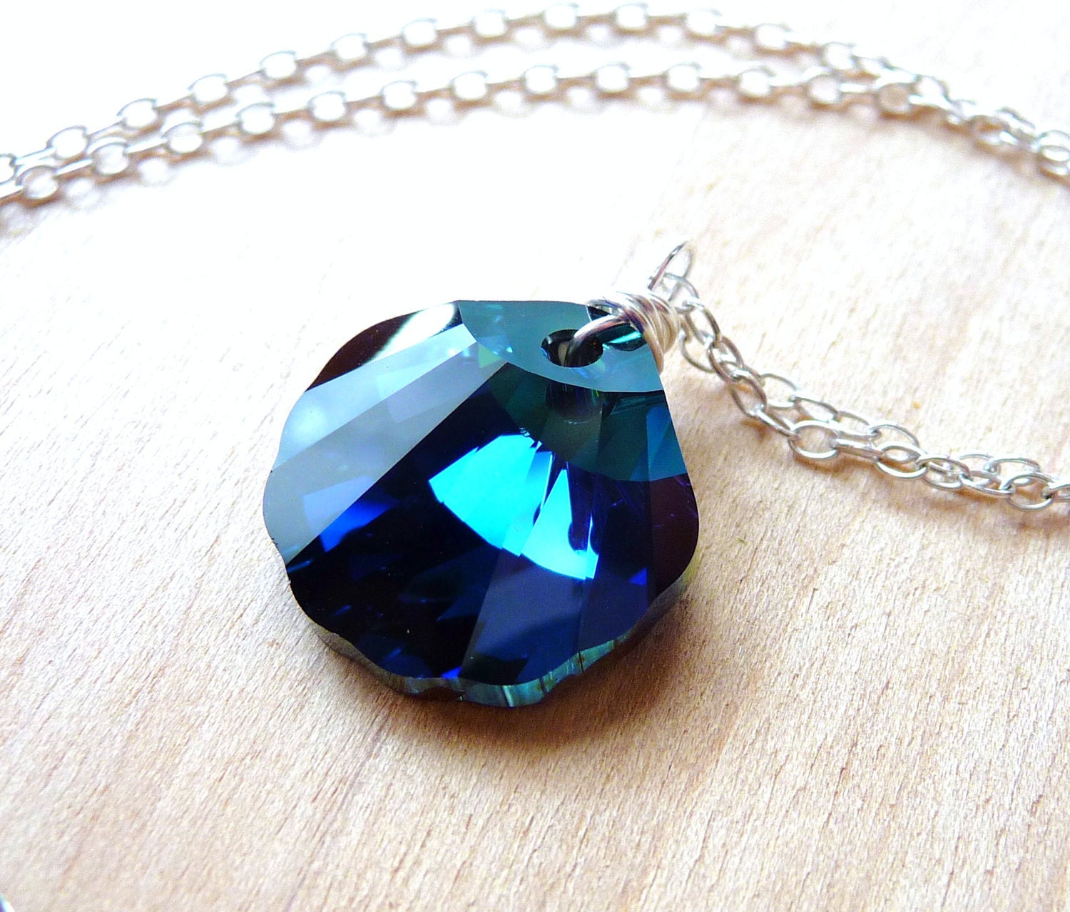 Ocean Seashell Crystal Necklace, Teal Blue Swarovski Pendant, Sterling Silver Wire Wrapped Pendant, Ocean Necklace, Nautical