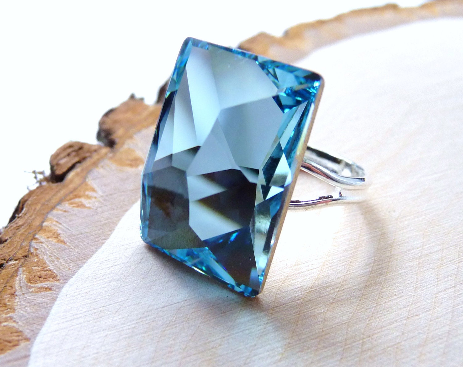 christmasinjuly Sale Aquamarine Ring - Swarovski Crystal Rectangular Blue Cocktail Ring- Sterling Silver Plated, Handmade, Statement Ring,