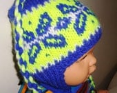 Earflap Hand Knit Baby Hat Baby Beanie - Blue Neon Yellow Knitted Baby Hat