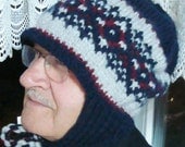 Hand Knitted Hat Mens Hat - Big Grandfathers Hat - 27 inch Oversized Hat with Ear Flap in Blue, Grey, Red