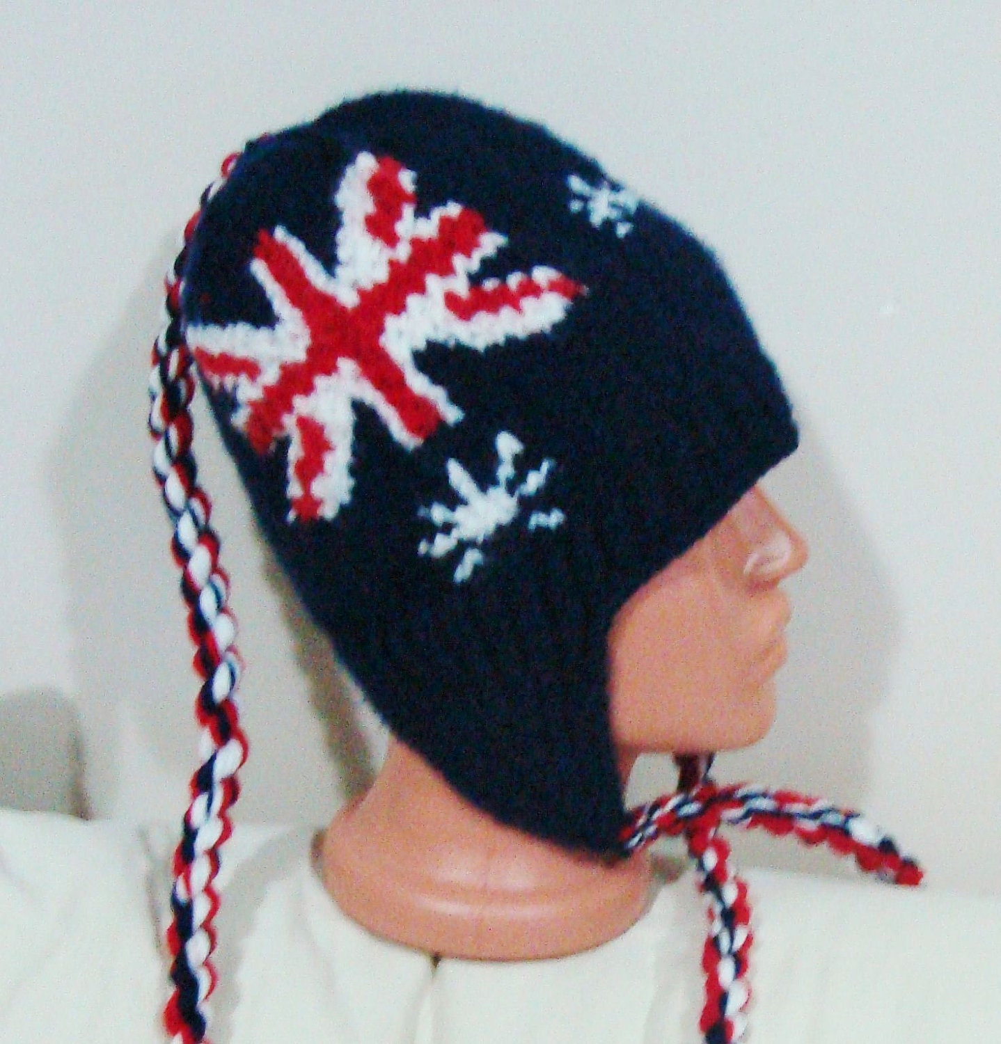 Knitted Men's Hat  Australian Flag design Hat with Ear Flap Blue White Red  Hat Patriotic