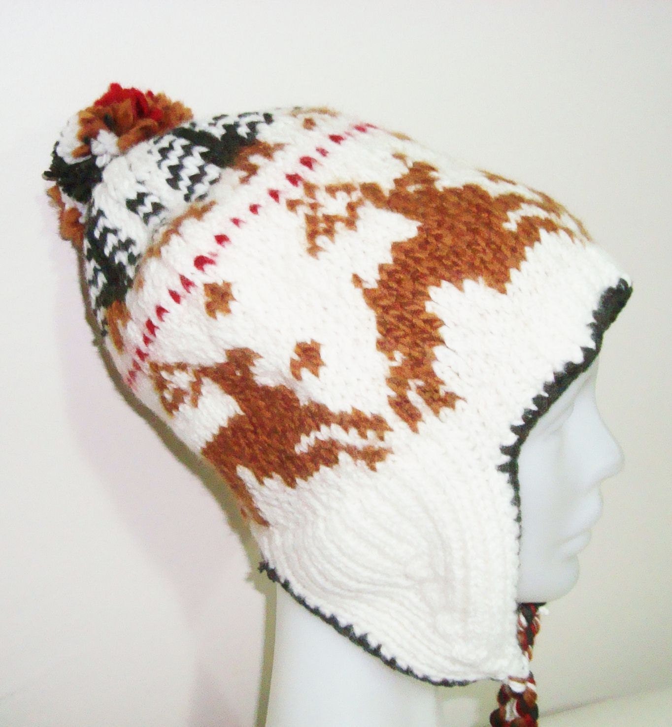 Handmade Hat Hand Knit Hat Earflap Winter Hat Deers Patterned