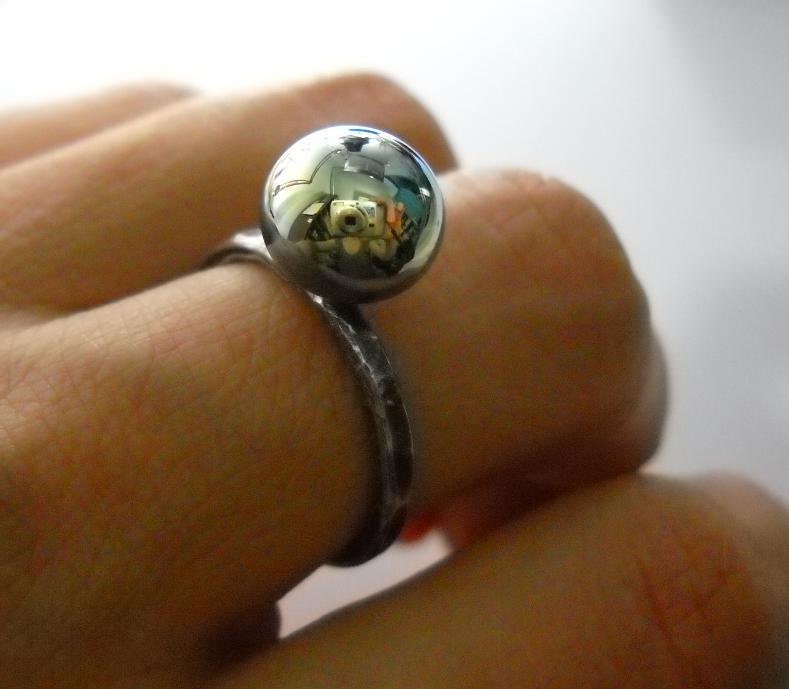 Hammered Sterling Silver and Metallic  Glass  Ring