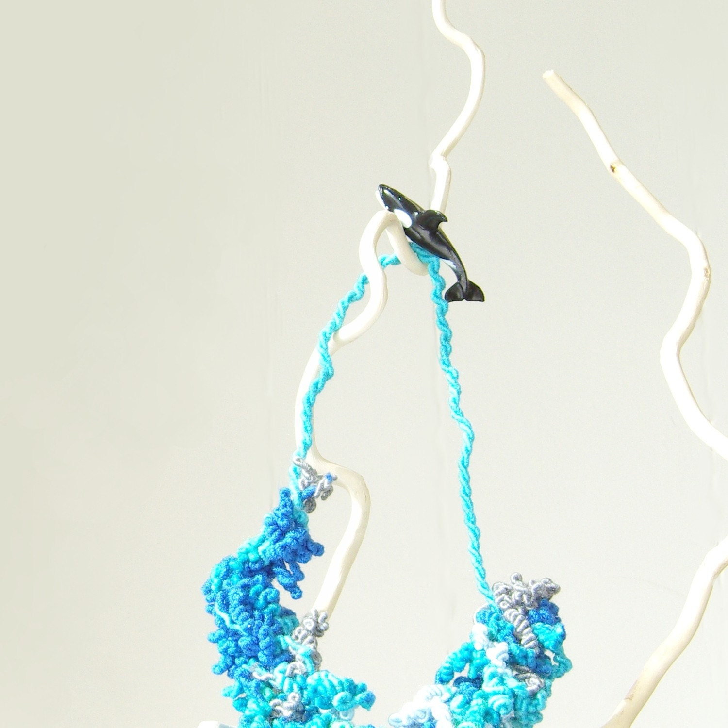 textile necklace - fiber / fibre - moss coral sculpture wearable art - bright blue / aqua / turquoise