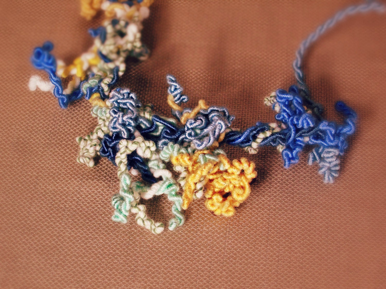 textile necklace - coral necklace - Moroccan Tile - periwinkle blue / lavender / pale yellow / pastel blue