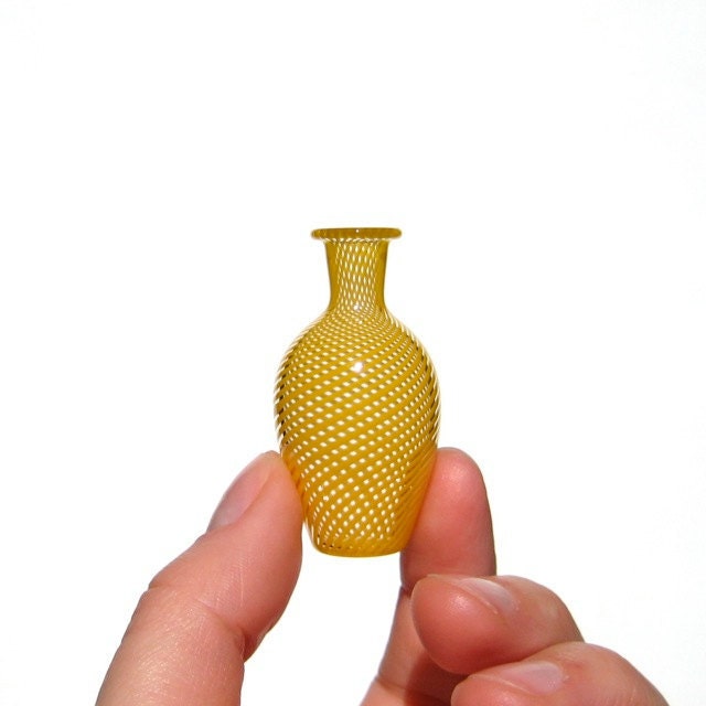 Miniature Vase with Yellow Stripes, Hand Blown Glass