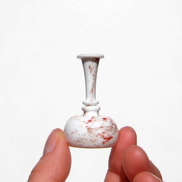 Miniature Bottle in White and Red,  Hand Blown Glass