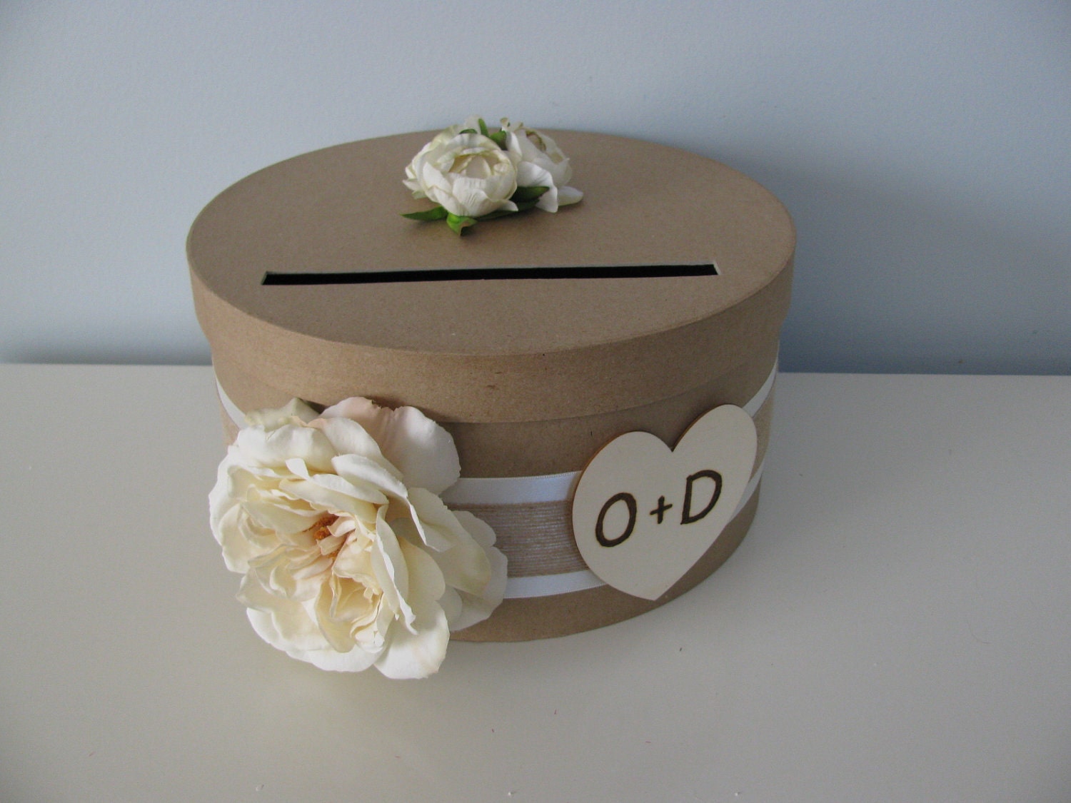 Rustic Round Wedding Card Box Wood Personalized Tag Ivory Ranunculus DIY with ivory and Burlap and large Ivory Rose