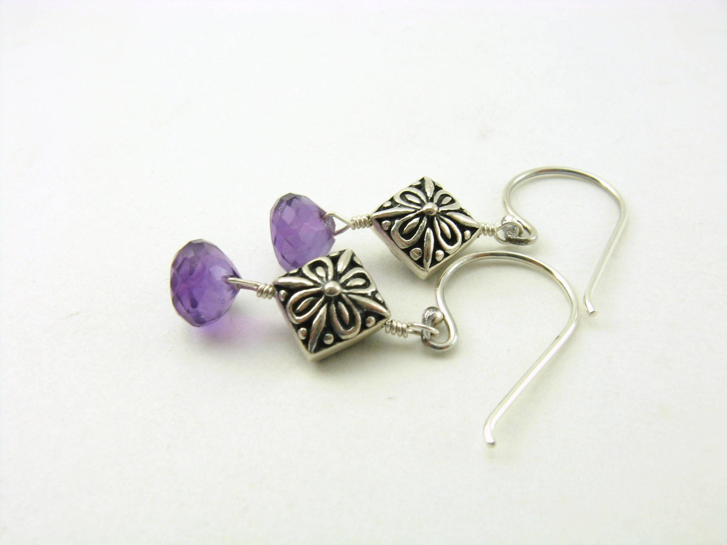 Sterling Silver Beaded Earrings with Faceted Amethyst Purple Gemstone Drop Beads