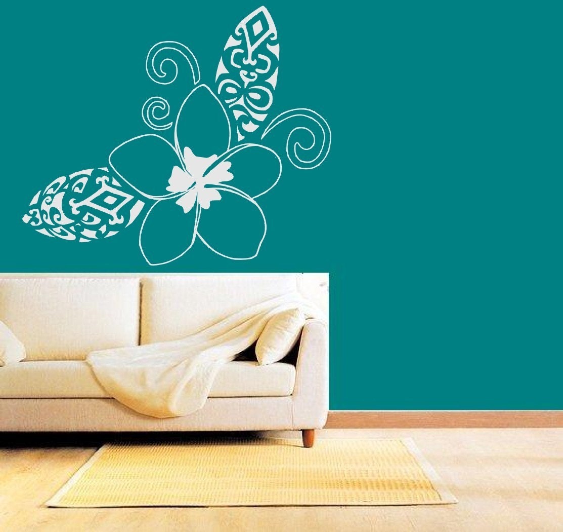 Hawaiia Plumeria Flower with unique tribal leafs -- vinyl wall art decals graphic sticker by 3rdaveshore