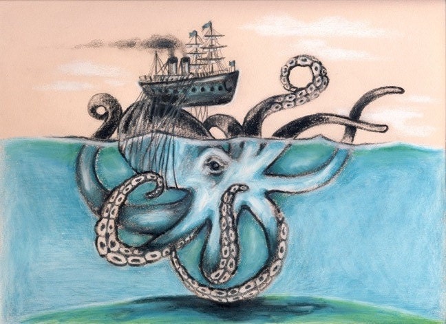 Octopus Steam Sail Ship - Victorian Hybrid series - original graphite and colored pencil drawing on pastel colored paper