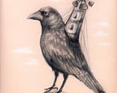 Crow Mill - Victorian Hybrid series - original surreal drawing - graphite and colored pencil on pastel colored paper