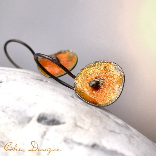Organic, Handmade Sterling Silver Earrings, Burnt Mustard Gold Enamel