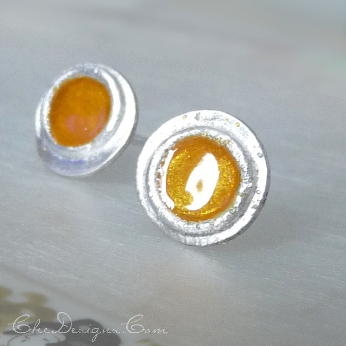 10mm Handmade, Fused,  Golden Yellow Enamel Post Earrings, Sterling Silver