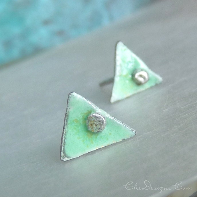 10mm Handmade, Fused, Seafoam Green Enamel Post Earrings, Sterling Silver