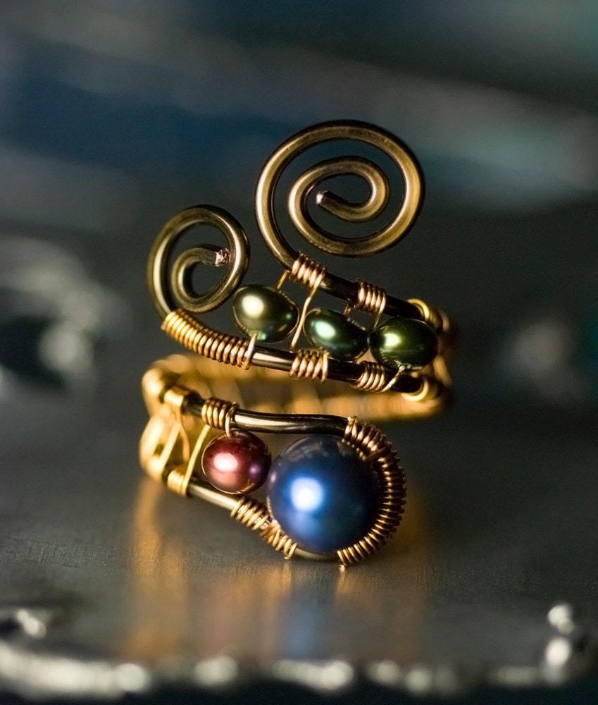Freshwater Pearl Copper Wirework Ring - 'AA' Dark Blue, Cranberry, Olive Peacock Pearls, Brassy, Gold, Bronze Copper - "Still Waters"