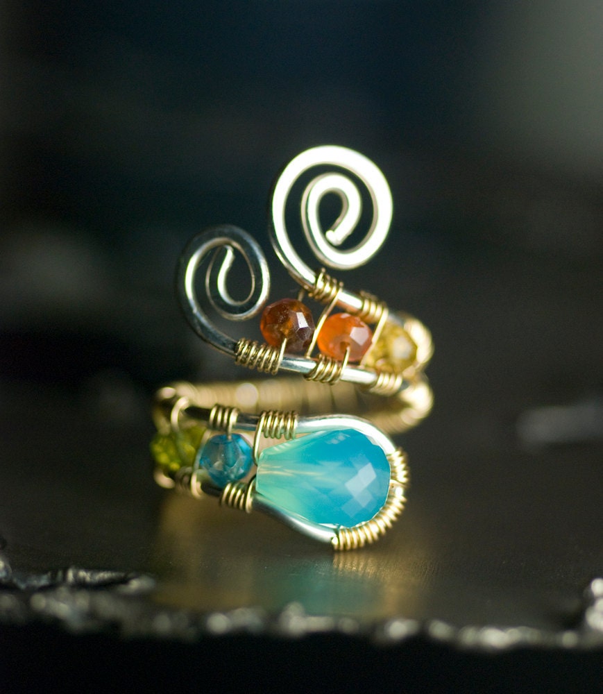 Blue Gemstone Ring, 14K Gold, Argentium Silver - Peruvian Blue Chalcedony, Blue Topaz, Peridot, Citrine, Garnet - "Caribbean Sunset"