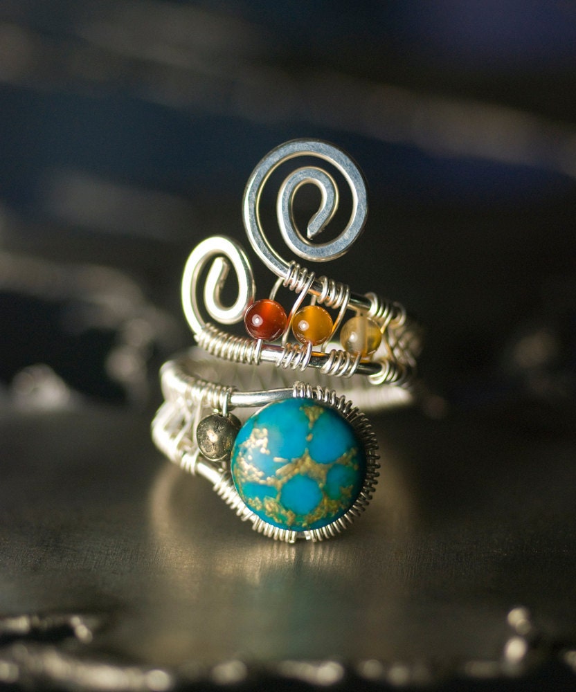 Turquoise Agate Pyrite Argentium Silver Wirework Ring - Cerulean, Azure, Nickel Free, December Birthstone, Sky Blue - "Fair Skies"