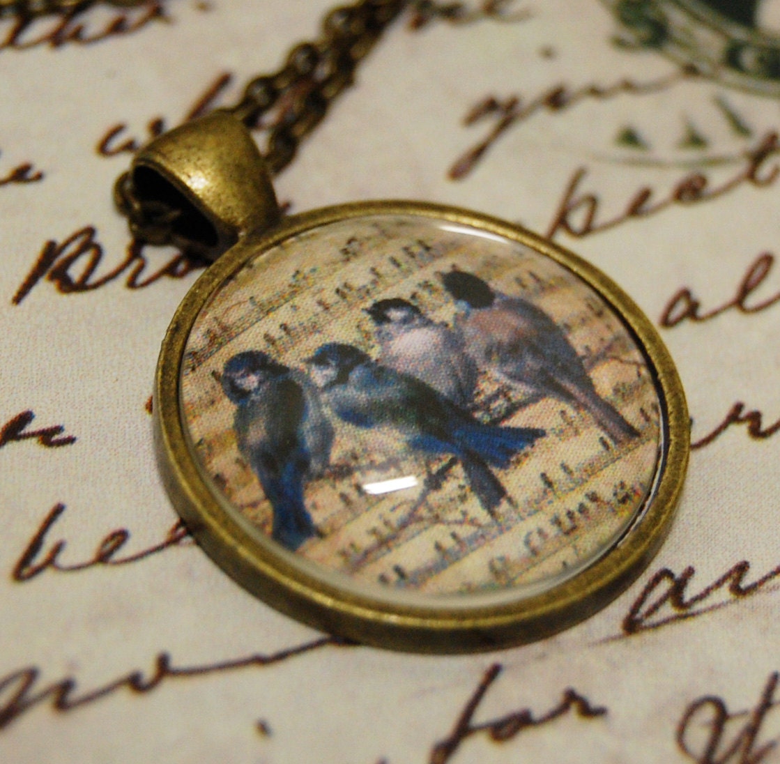 SALE...Sparrows on a Music Sheet Glass Pendant Antique Bronze Color With Chain